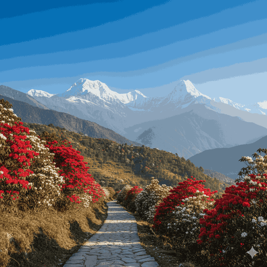 Panoramic view of Annapurna mountains from an easy trek in Nepal for beginners in 2026, rhododendron forest, mountain peaks