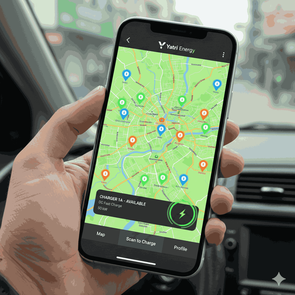 Yatri Energy EV charging app in Nepal showing nearby charging stations in Kathmandu on a smartphone screen
