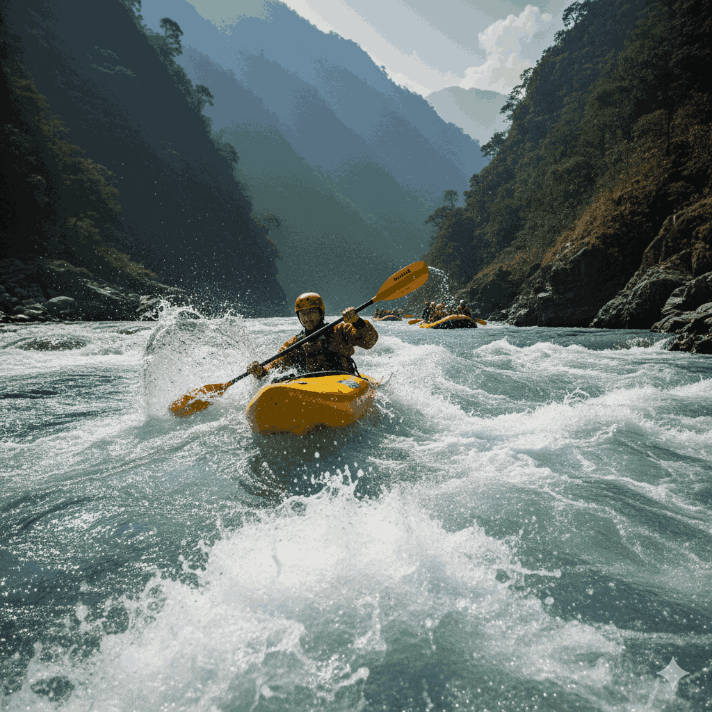 A Nepal 1 week itinerary adventure seekers tackle the intense rapids of Bhote Koshi River, highlighting Nepal's white-water rafting adventures.