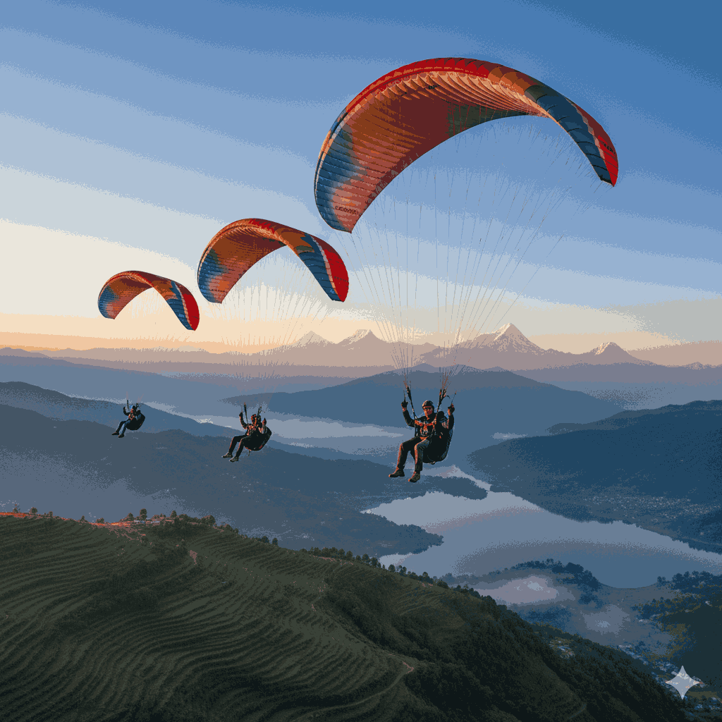 Paragliding over Sarangkot in Pokhara with Himalayan mountains in the background, showcasing one of the Tourist Attractions in Pokhara District