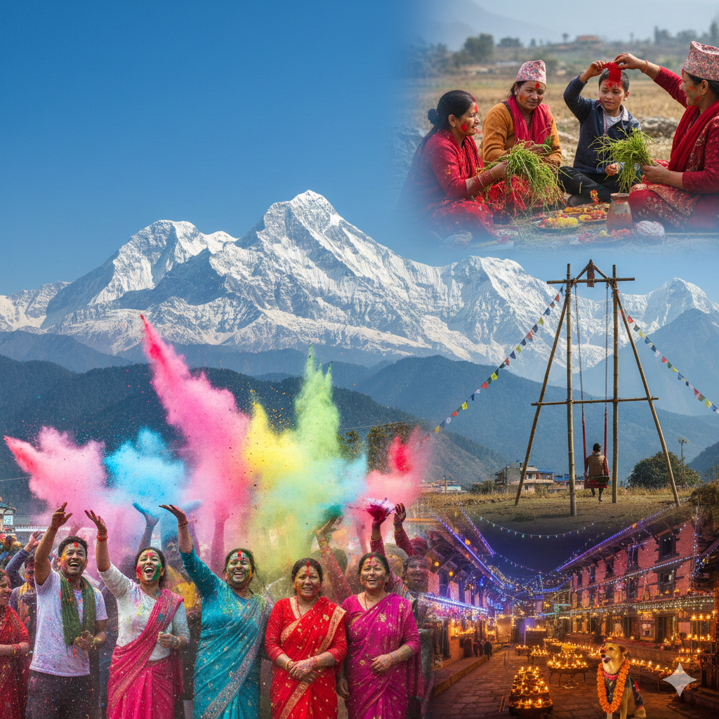 People celebrating Holi in Kathmandu, throwing colorful powders and water balloons on the lively streets, dressed in traditional Nepali attire