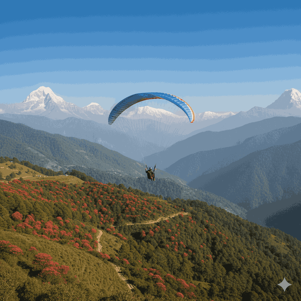 Paragliding in Pokhara during spring, best time for paragliding in Pokhara, lush mountain views.