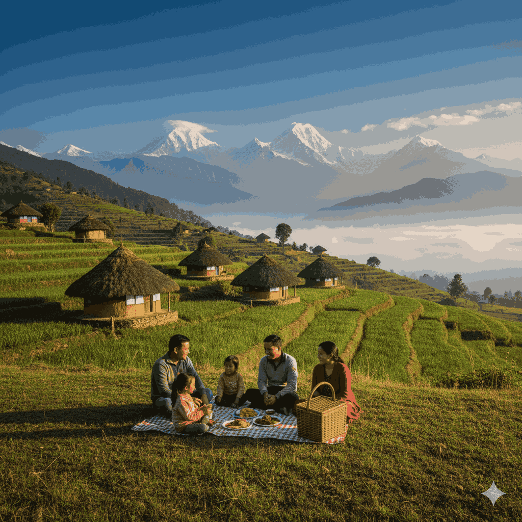Traditional picnic spot near Bandipur at Ramkot Village with scenic views and local architecture.