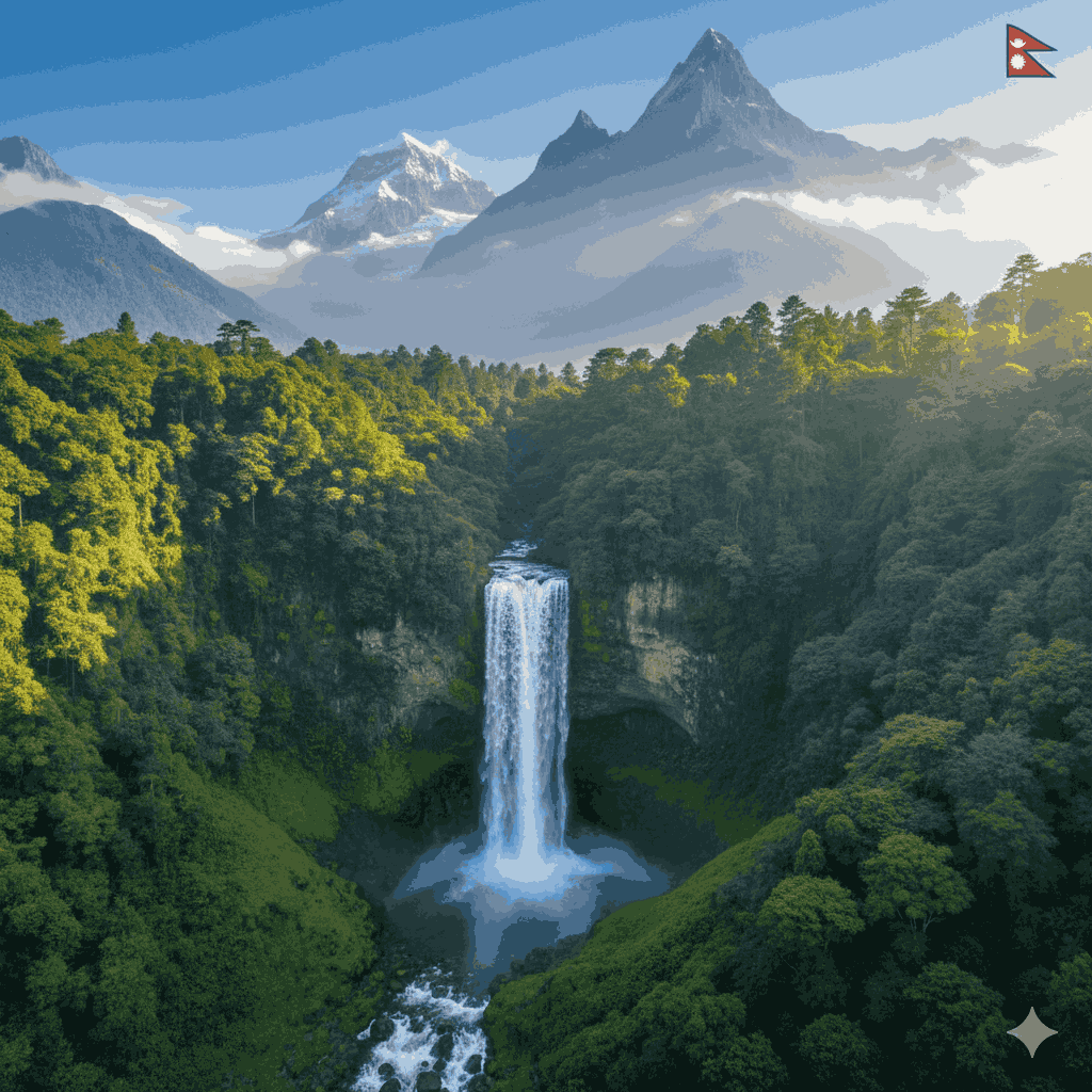 Top waterfalls in Nepal surrounded by green forests and mountains, showcasing natural beauty and scenic views.