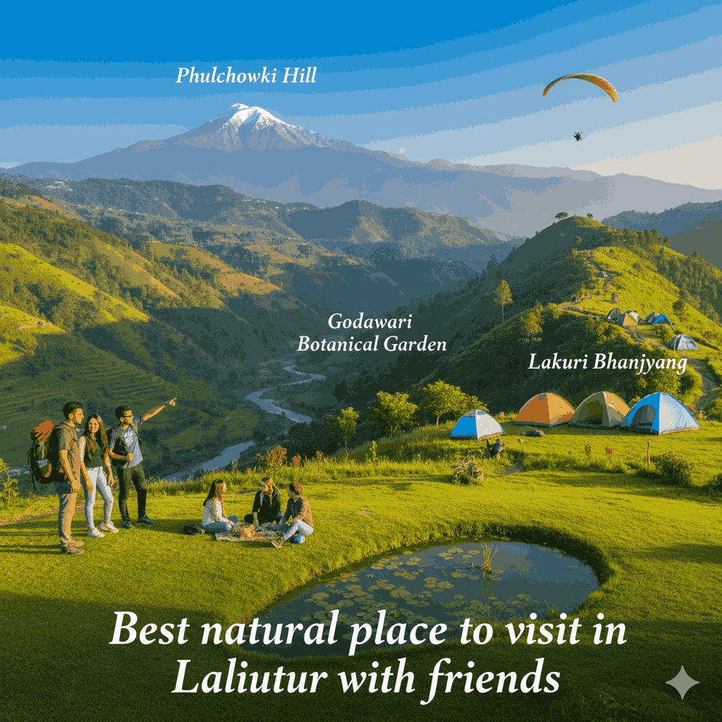 Phulchowki Hill, the best natural place to visit in Lalitpur with friends, offering breathtaking mountain views and vibrant spring blooms.