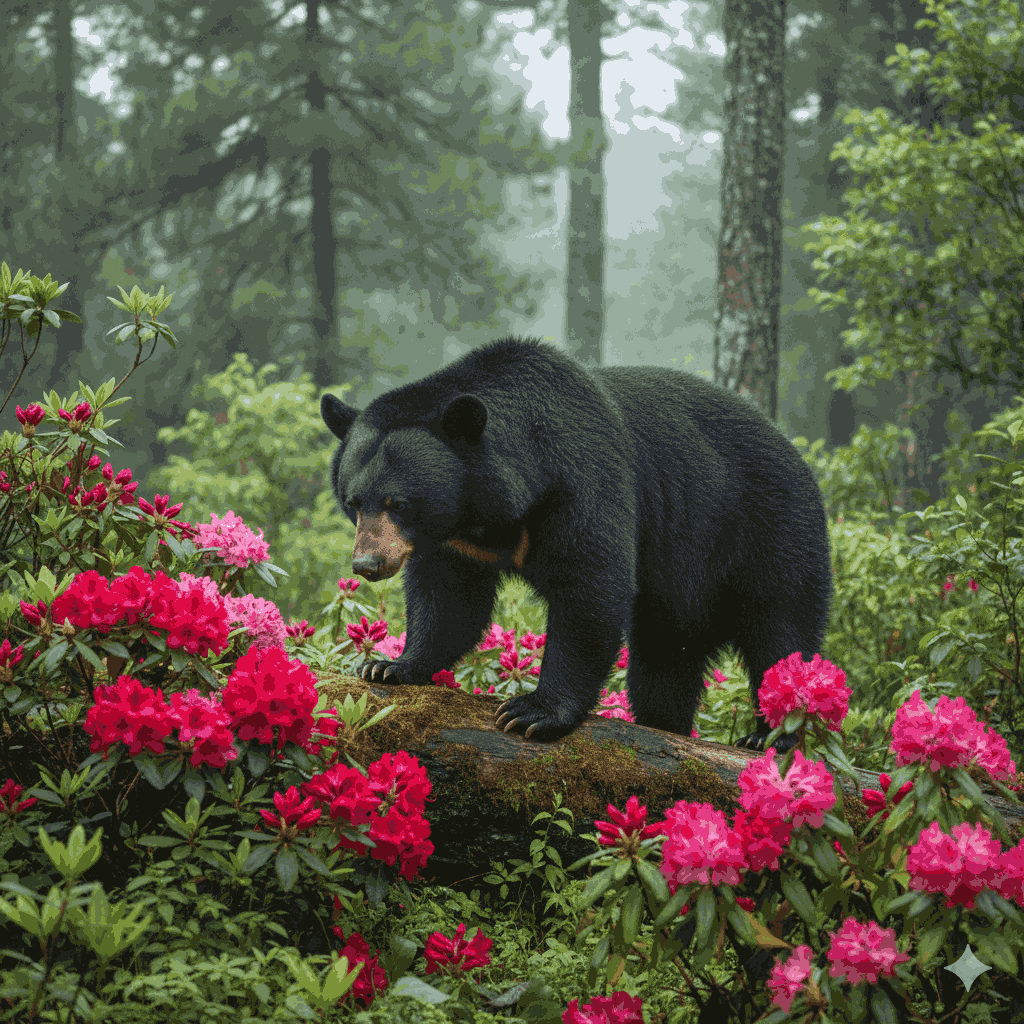 Himalayan Black Bear and blooming Rhododendrons along the intermediate hiking trails near Dhangadhi, Nepal, highlighting rich biodiversity