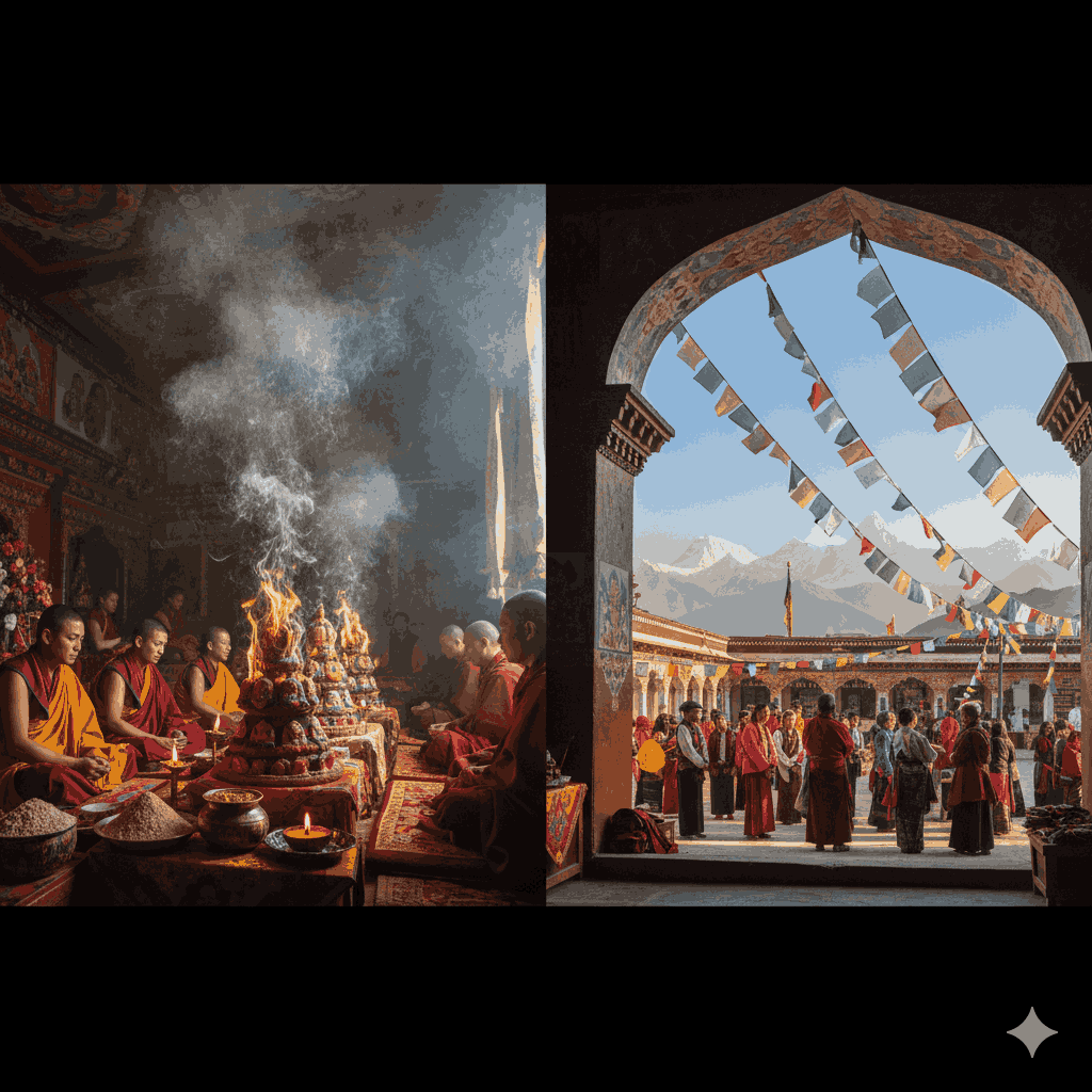 Losar Festival in Photos — Monks performing Gutor rituals and community hanging prayer flags during Gyalpo Losar.