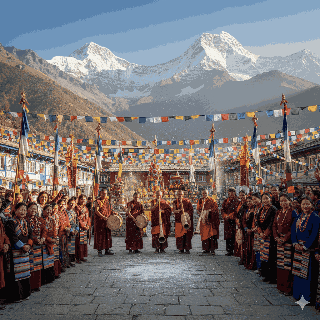Nepalese family celebrating Losar with rituals in a monastery, focusing on if Losar is a public holiday in Nepal.