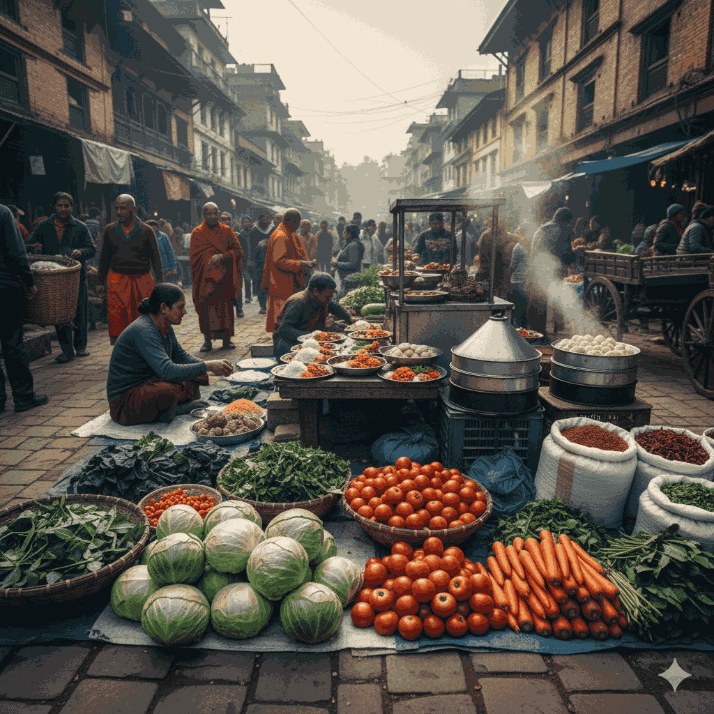 Local Nepali market scene with fresh produce and traditional dishes, illustrating affordable food options affecting the cost of living in Nepal per month. 