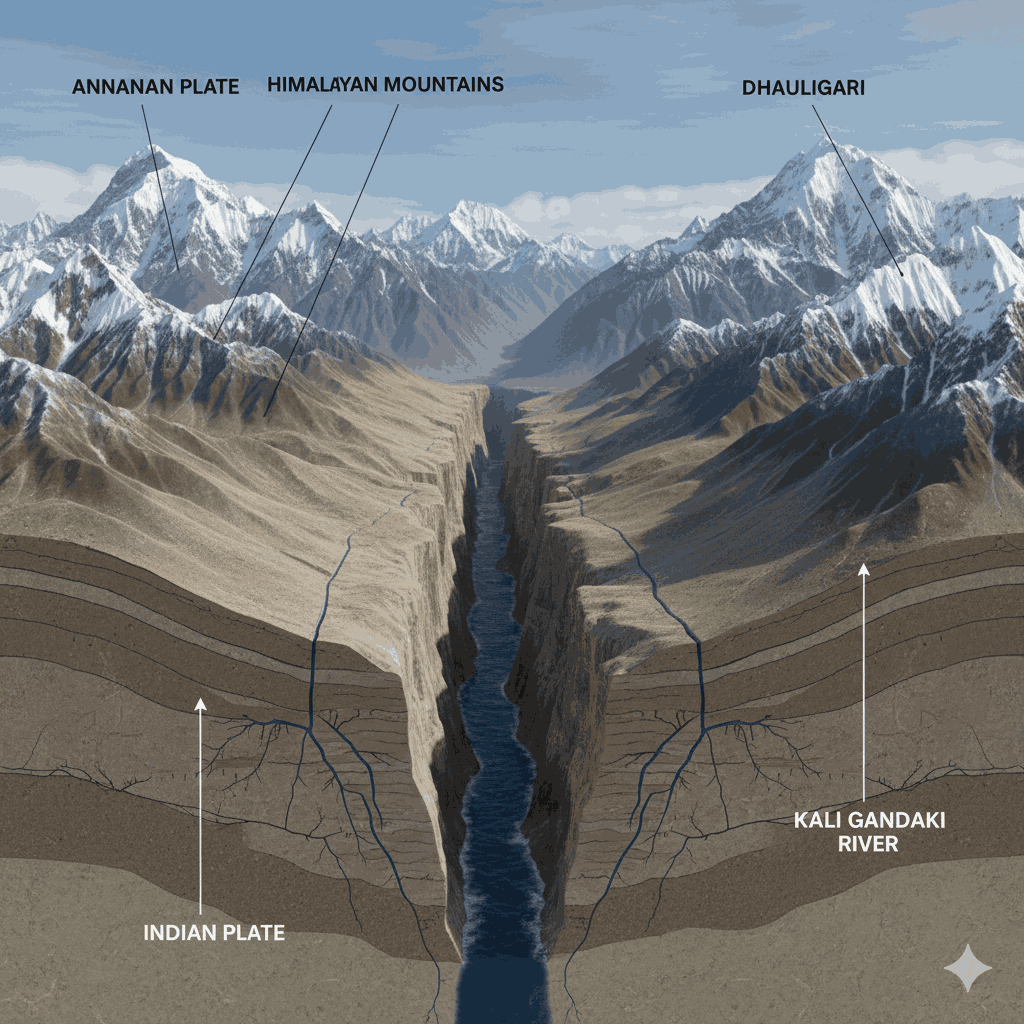 Geological cross-section of the deepest land gorge on earth, illustrating tectonic plate collision and river formation. 
