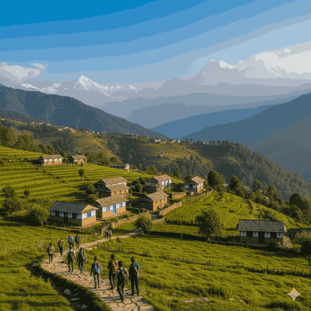 Tranquil Jiri village in Dolakha district, Nepal, with lush green landscape and mountain trails, known as the Switzerland of Nepal.