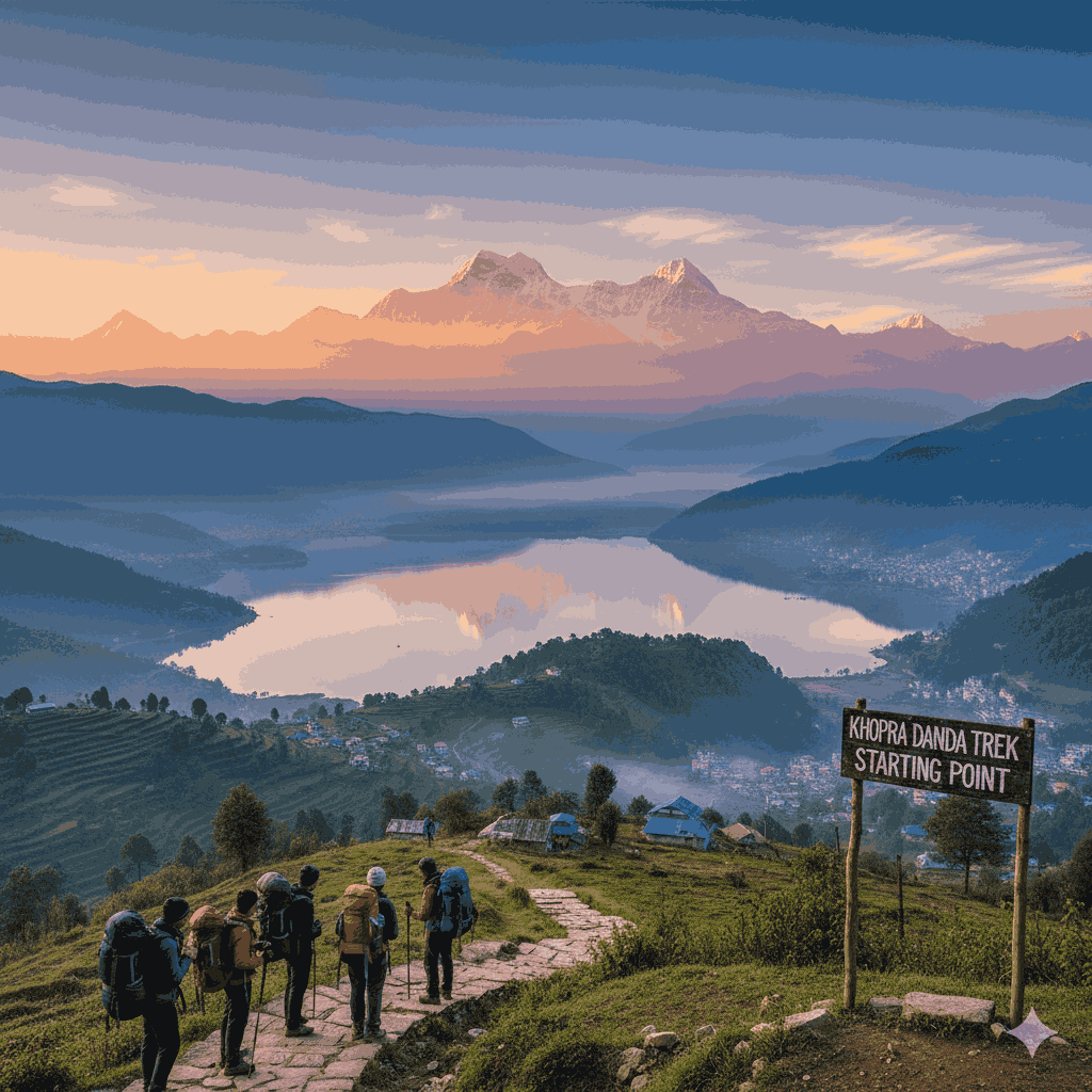 View of Pokhara valley with Himalayan mountains during the start of the Khopra Danda Trek.