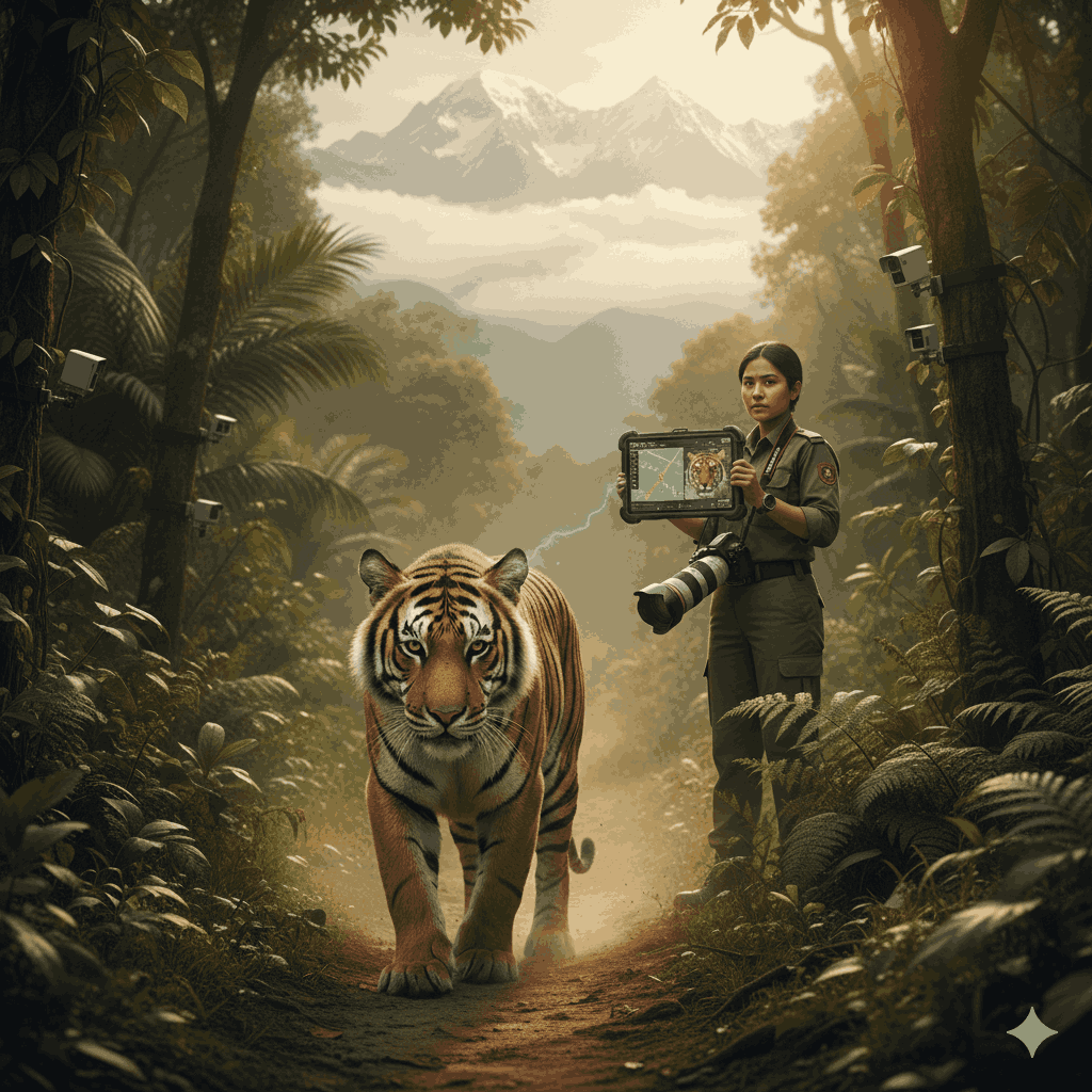 How Nepal is working for conservation of Tiger, showcasing a Bengal tiger in Nepal’s protected jungle with conservationists monitoring the habitat.