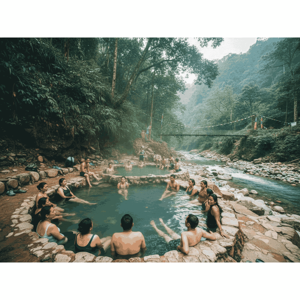 Visitors relaxing in natural thermal hot springs at Singa Tatopani, a popular Tourist Attraction in Myagdi District, Nepal.