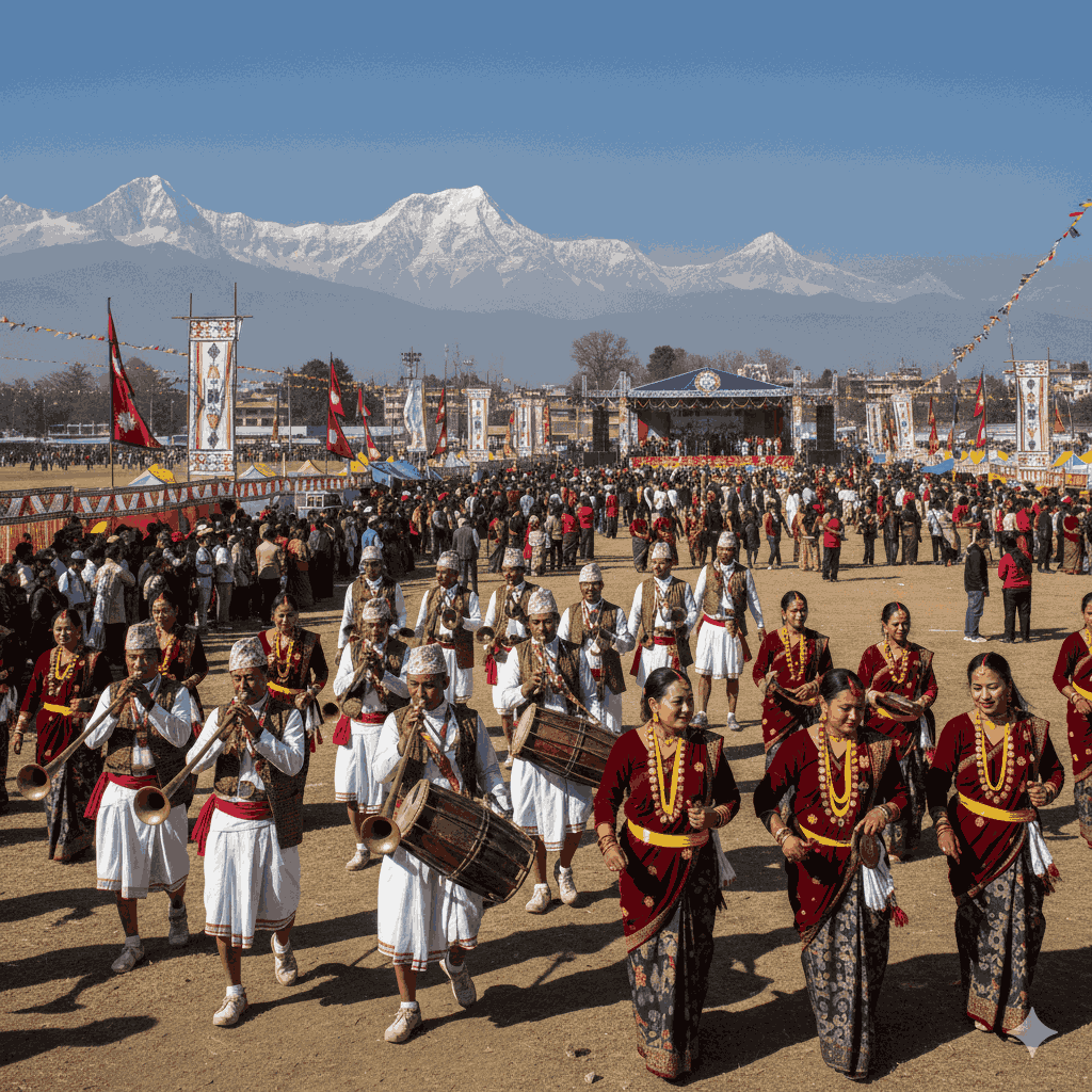 Traditional Gurung Losar attire at Tundikhel during Tamu Losar celebration, Himalayan Nepal