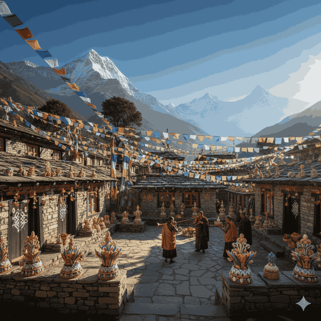 Losar Festival Decorations and Symbols Explained,Himalayan village with prayer flags, flour symbols, and butter sculptures during Losar.