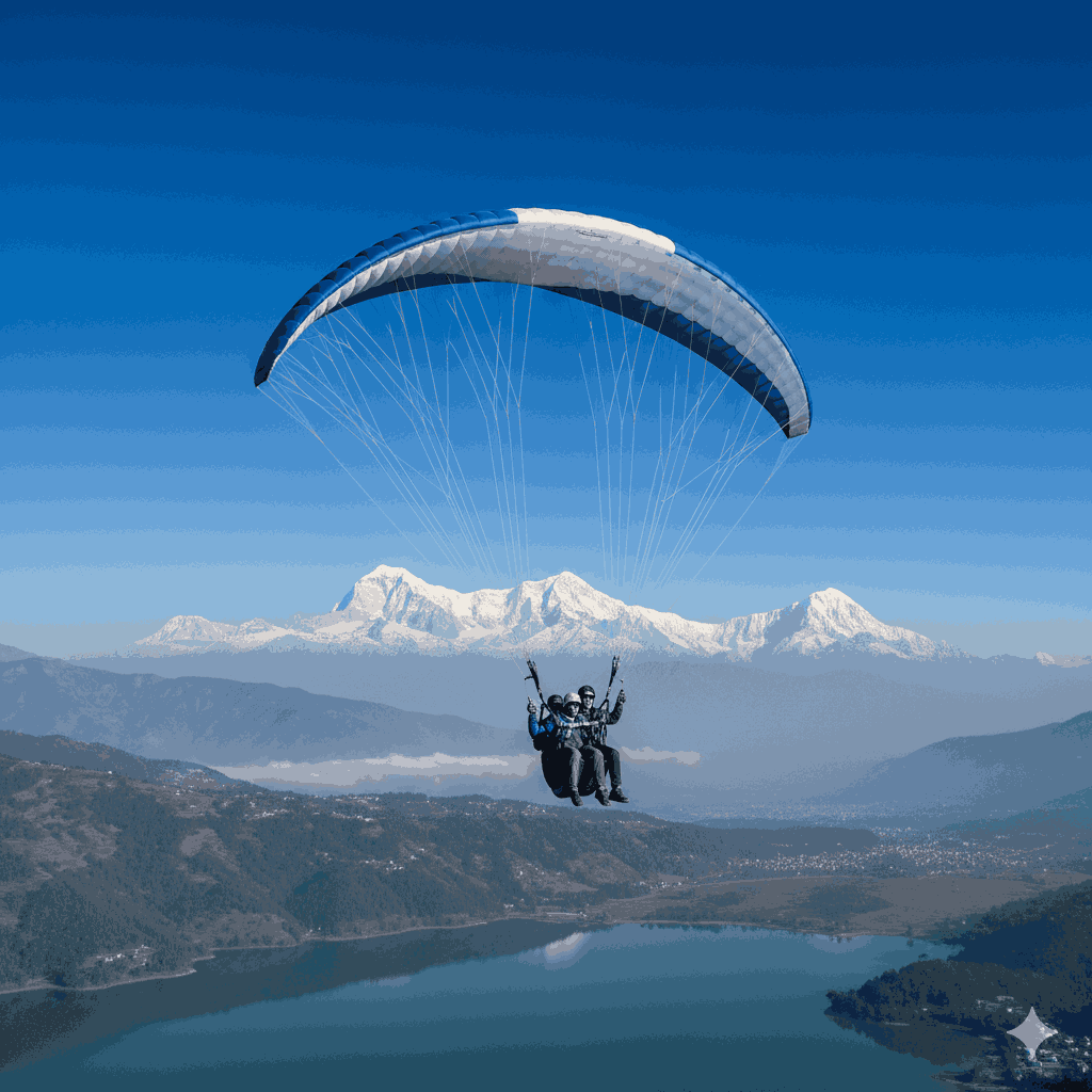 Winter paragliding in Pokhara, best time for paragliding in Pokhara, clear blue sky.