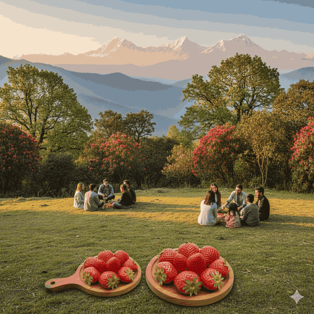 Idyllic picnic spot near Kathmandu at Kakani, famous for strawberries and mountain vistas, perfect for family outings and relaxing.