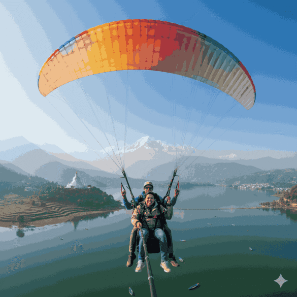Paragliding over Phewa Lake in Pokhara, best time for paragliding in Pokhara, during autumn.
