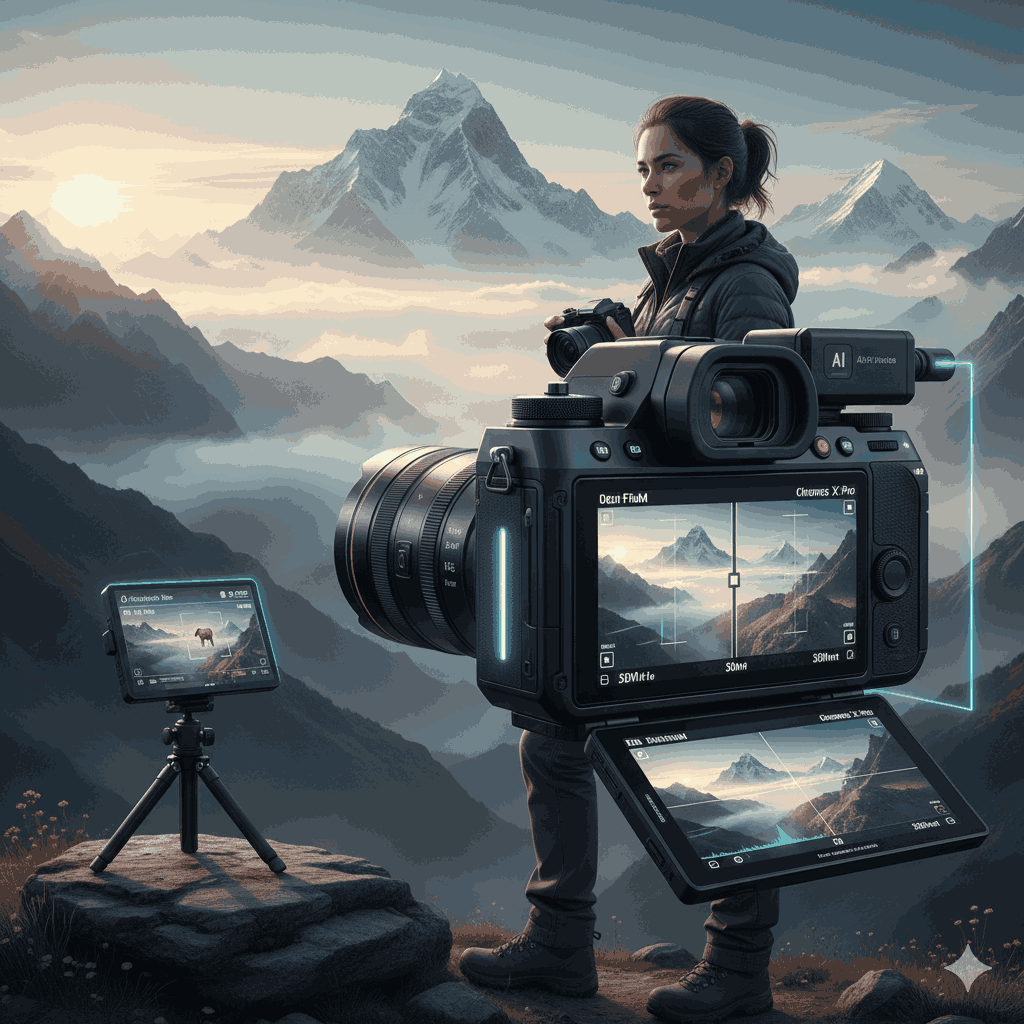 A professional photographer using the best camera for photography 2026 in Nepal’s scenic landscape to capture stunning mountain views.