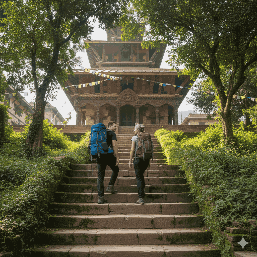 Which is the oldest temple in Nepal – travelers climbing Changu Narayan Temple steps