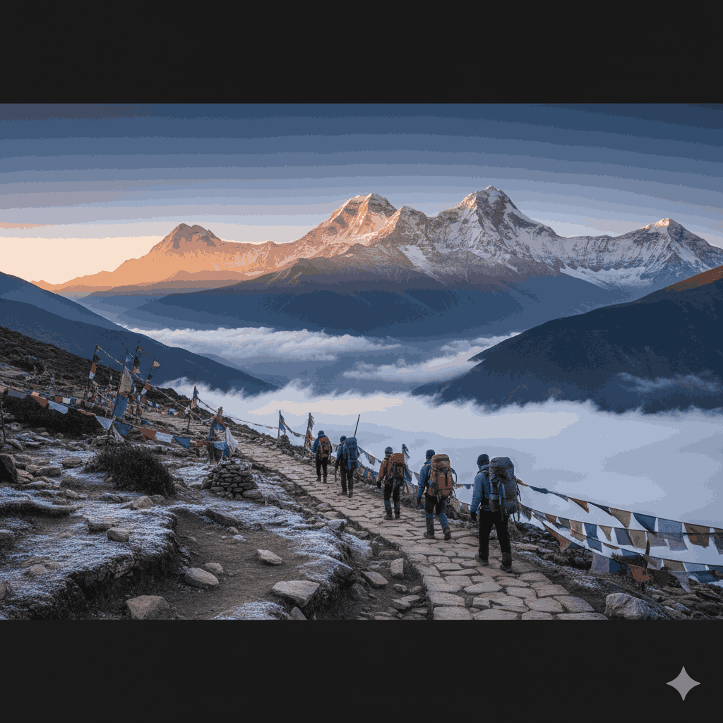 Annapurna trek in Nepal with Annapurna massif and mountain trail