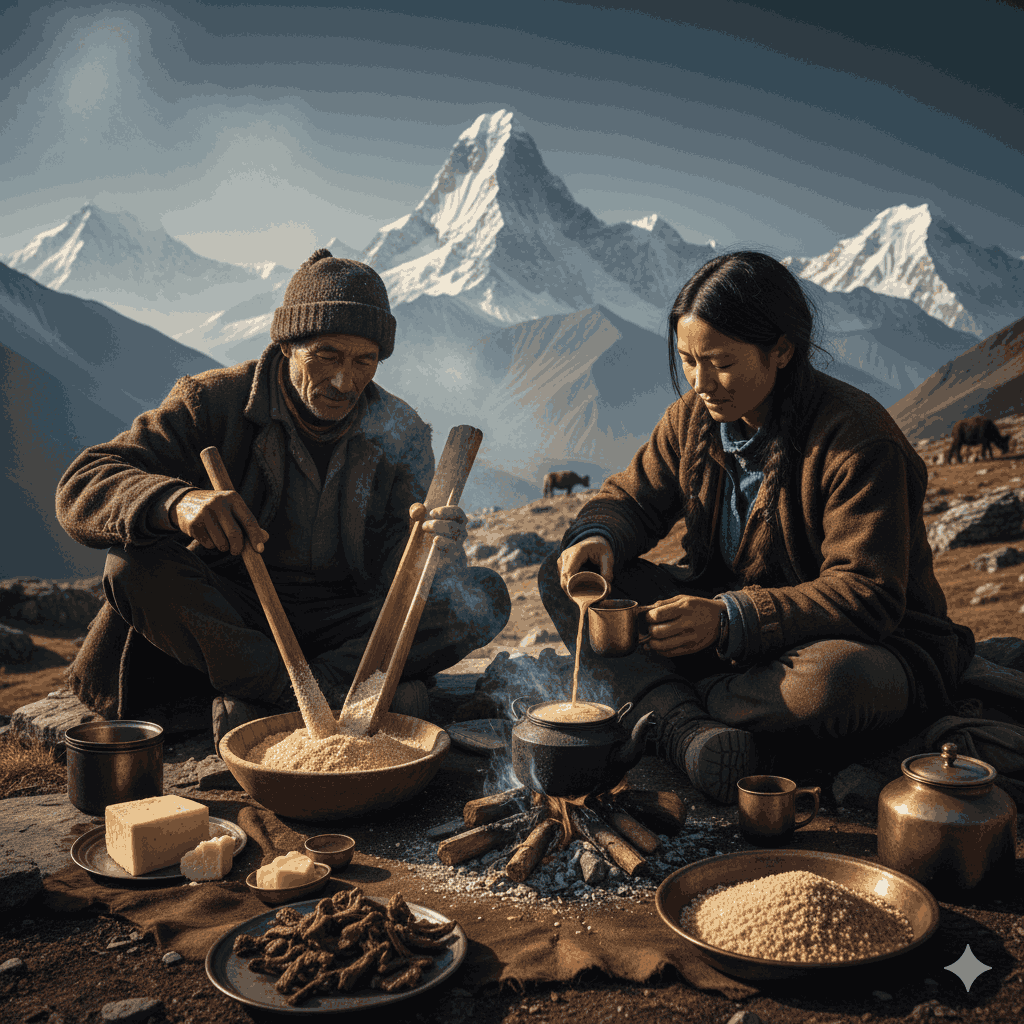 High-altitude Nepali shepherds preparing Tsampa and butter tea, illustrating the resilience of local food Nepal in mountain regions.