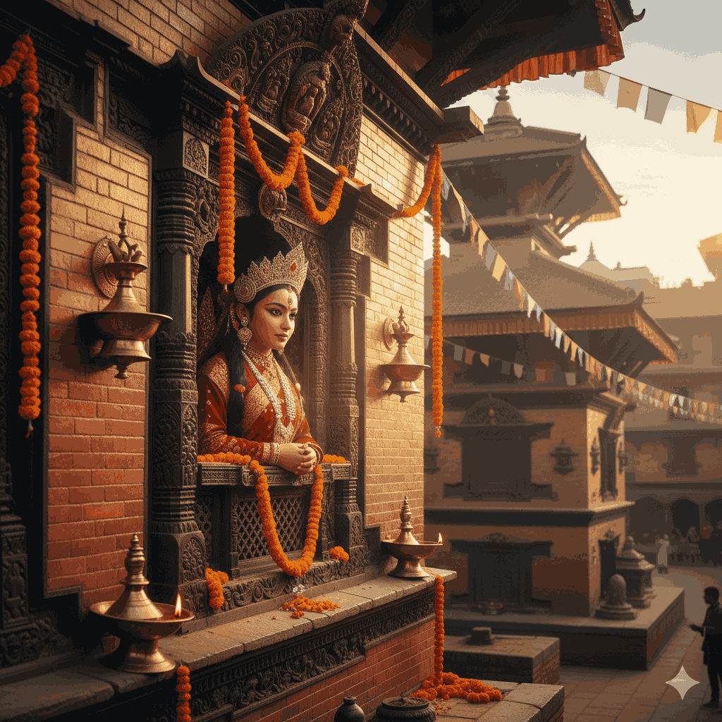 the Goddess Kumari peering from her palace window in Kathmandu Durbar Square.