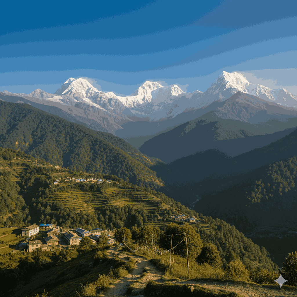 Ganesh Himal Trek: A breathtaking panoramic view of the snow-capped peaks of Ganesh Himal surrounded by lush forests and traditional villages.