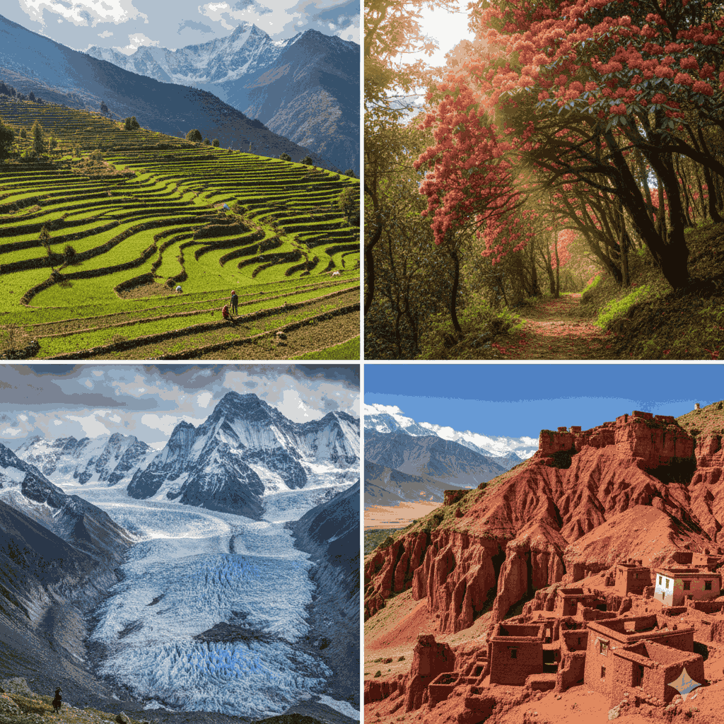 most beautiful trek in Nepal showing diverse landscapes from forests to high alpine terrain