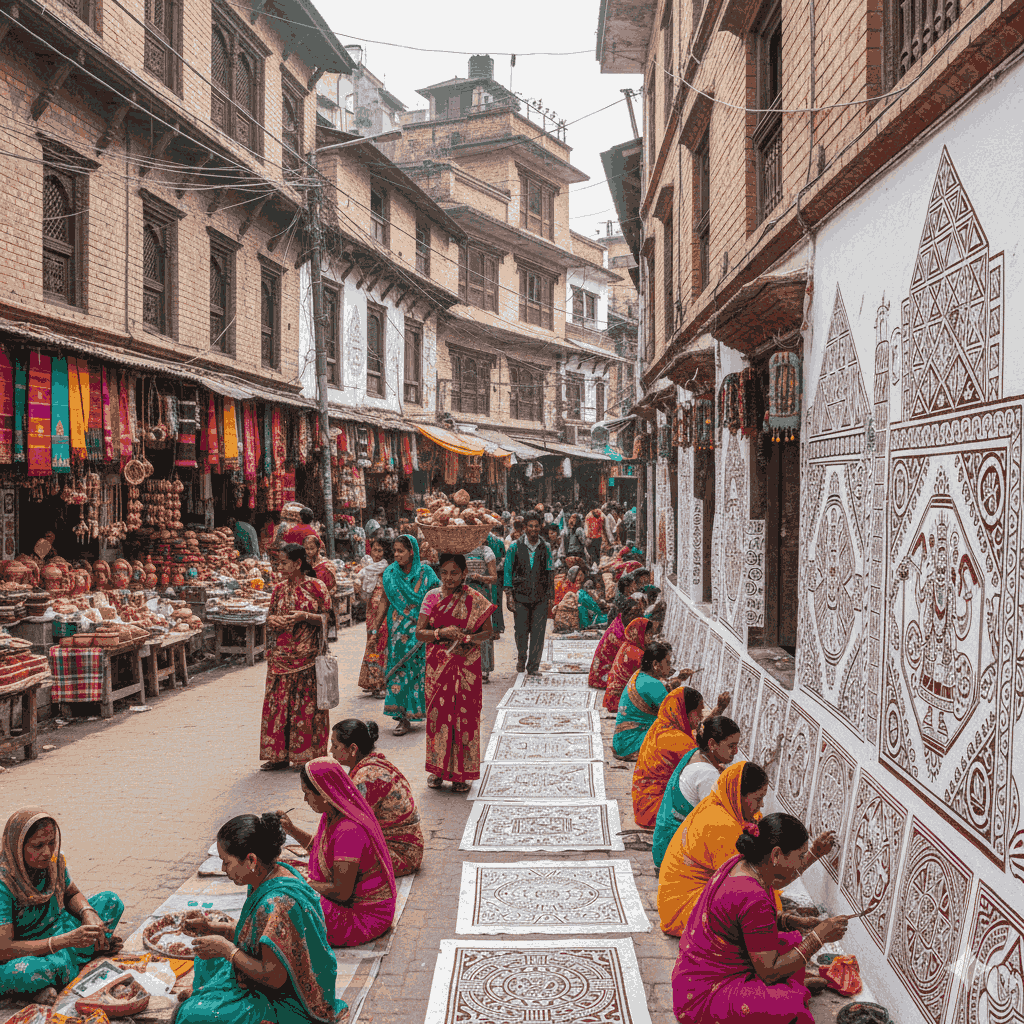 Colorful street scene in Janakpur heritage city with Mithila artisans painting Madhubani art and selling traditional crafts, highlighting the city's artistic heritage.