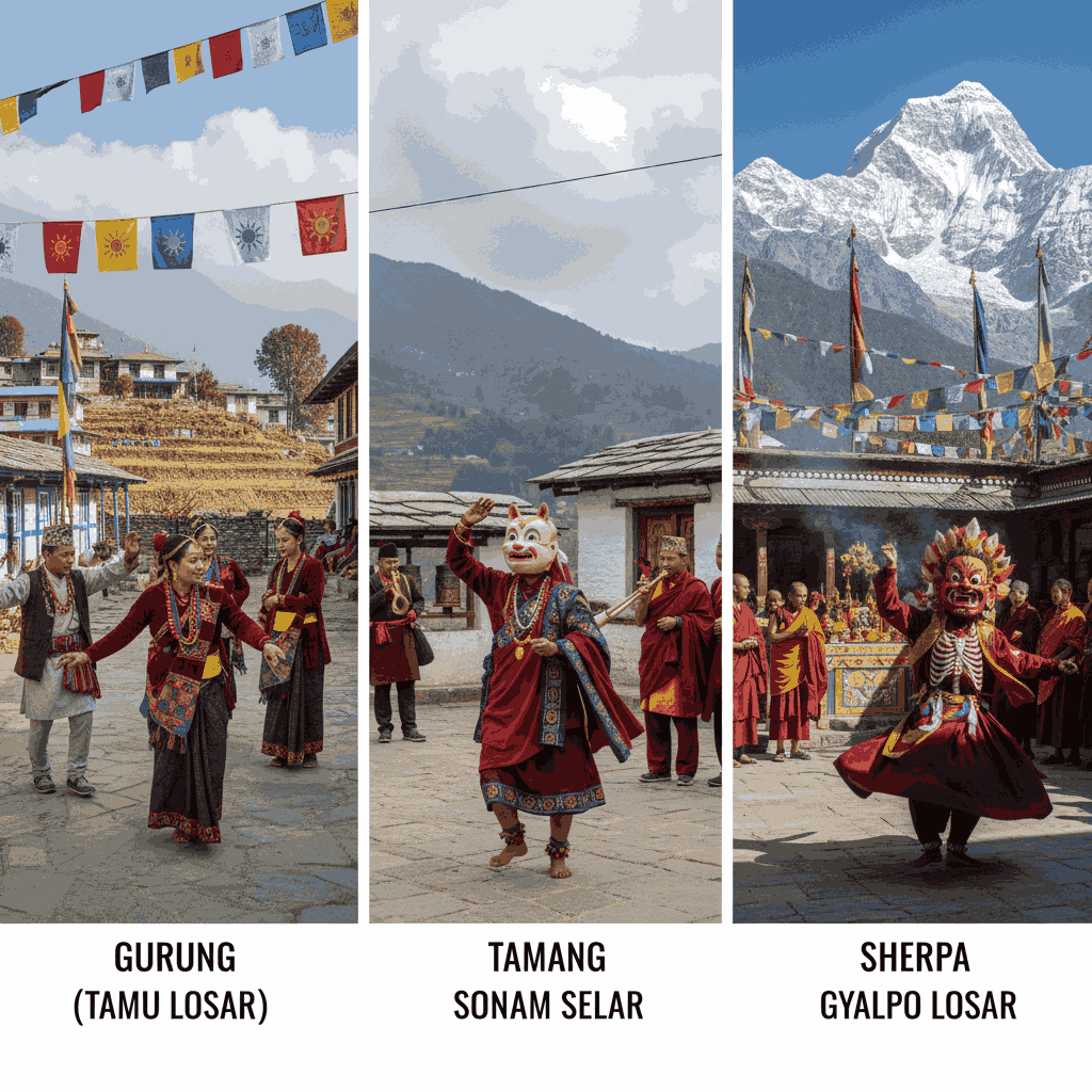 The three varieties of Losar in Nepal: Gurung, Tamang, and Sherpa New Year celebrations, highlighting traditional costumes and ceremonies.