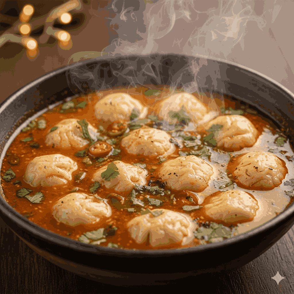 Spicy Jhol Momo in flavorful broth, a signature dish of the best momo in Kathmandu for tourists