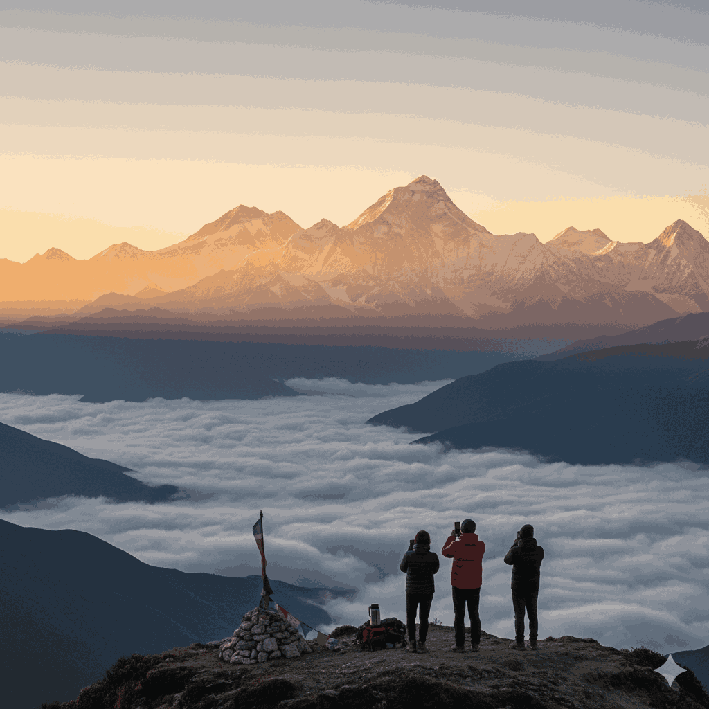 sunrise viewpoints in Nepal at Pikey Peak, with the Himalayan range glowing in golden light, a favorite among adventure travelers for dawn views.