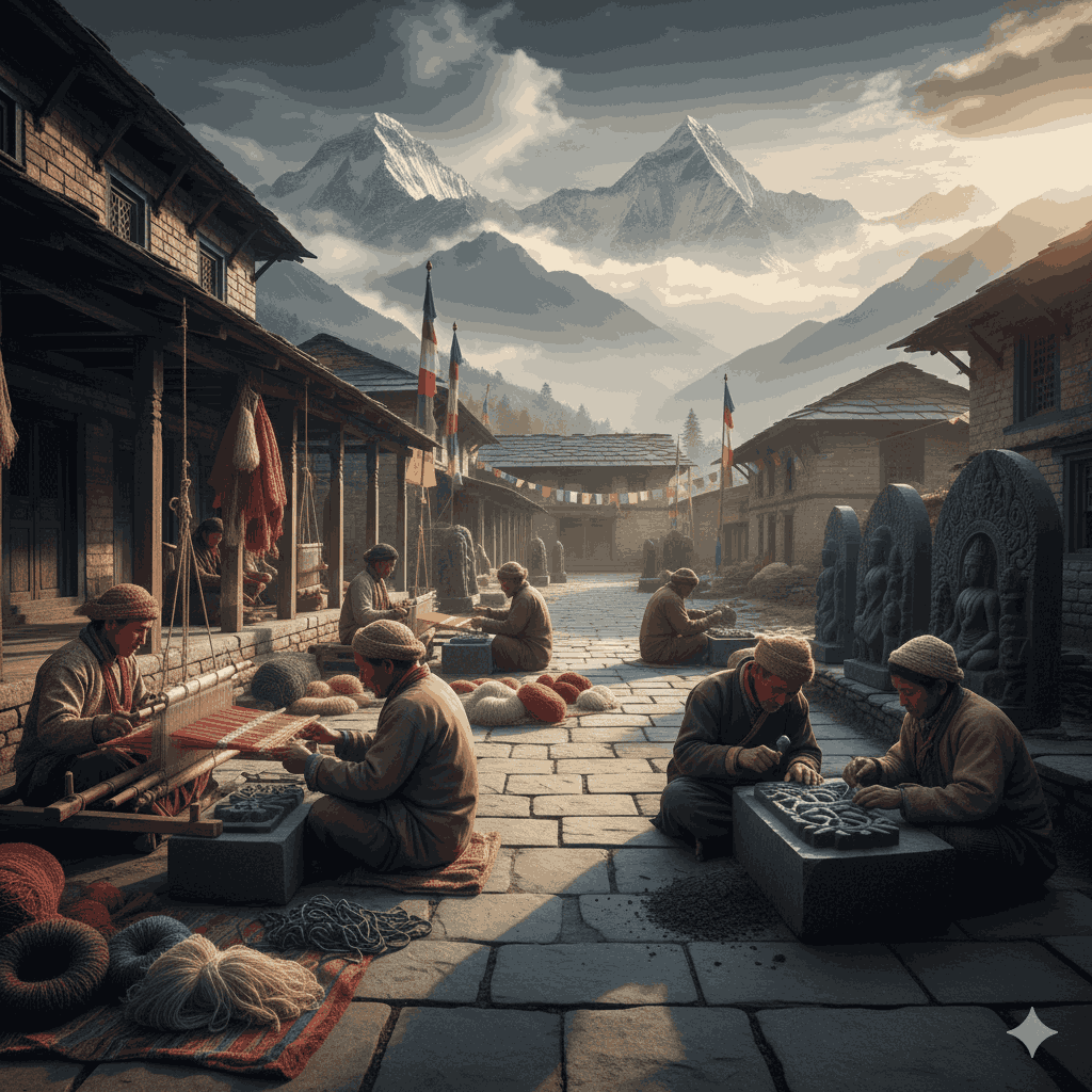 indigenous village industries nepal showcasing traditional handloom weaving and stone craft in Himalayan village