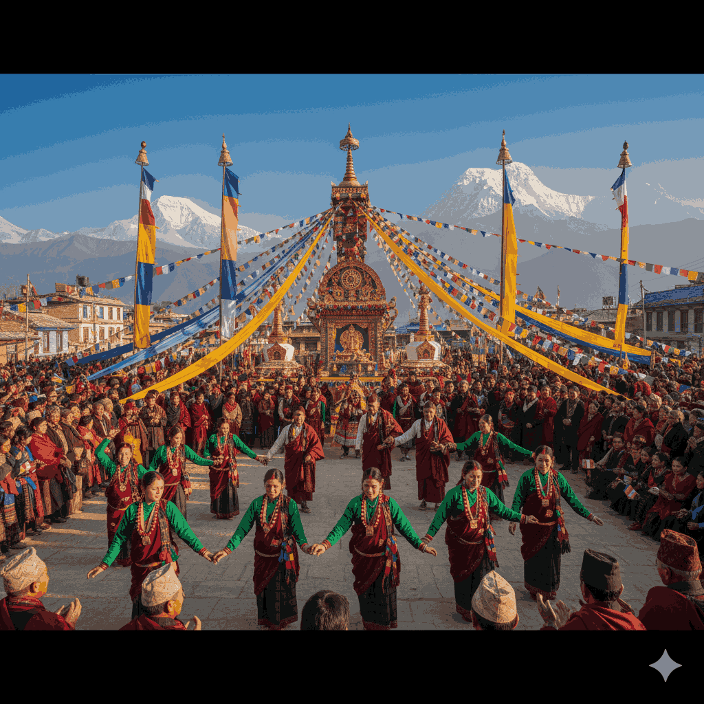 Sonam Losar Festival , Celebration of Tamang and Sherpa communities with traditional dance and colorful attire in Nepal’s mountains.