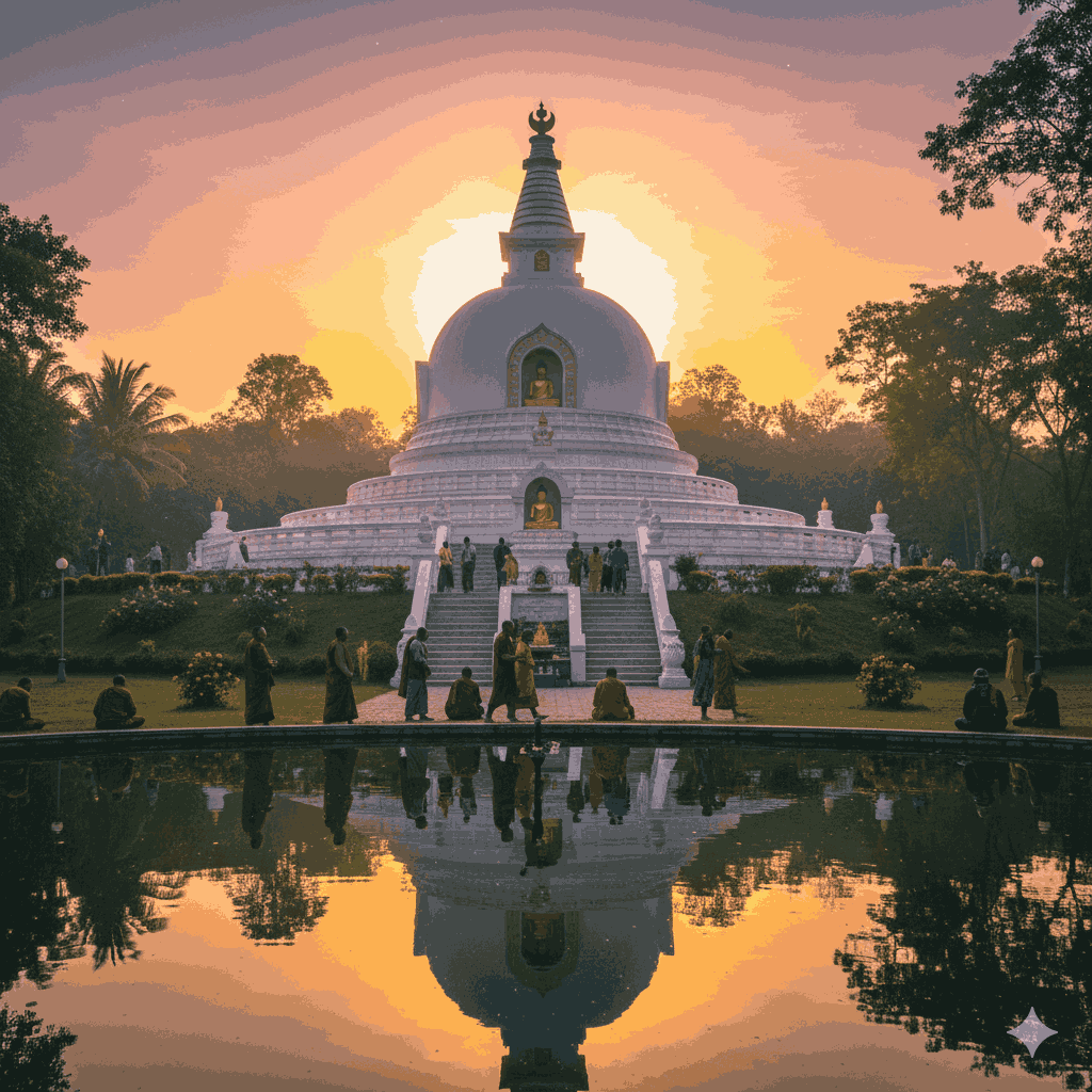 Lumbini birth place of Buddha tour - World Peace Pagoda at sunset.