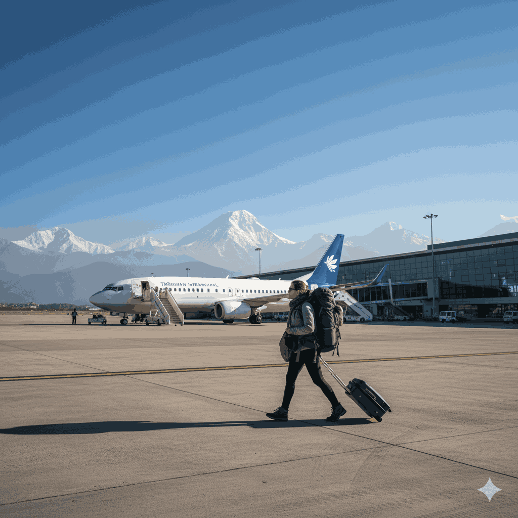 Kathmandu Airport arrival guide: Traveler walking from aircraft to terminal with mountain views in the background