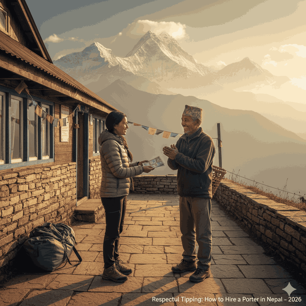 How to hire a porter in Nepal? A trekker giving a tip to a porter, showcasing the cultural importance of tipping and appreciation in 2026.