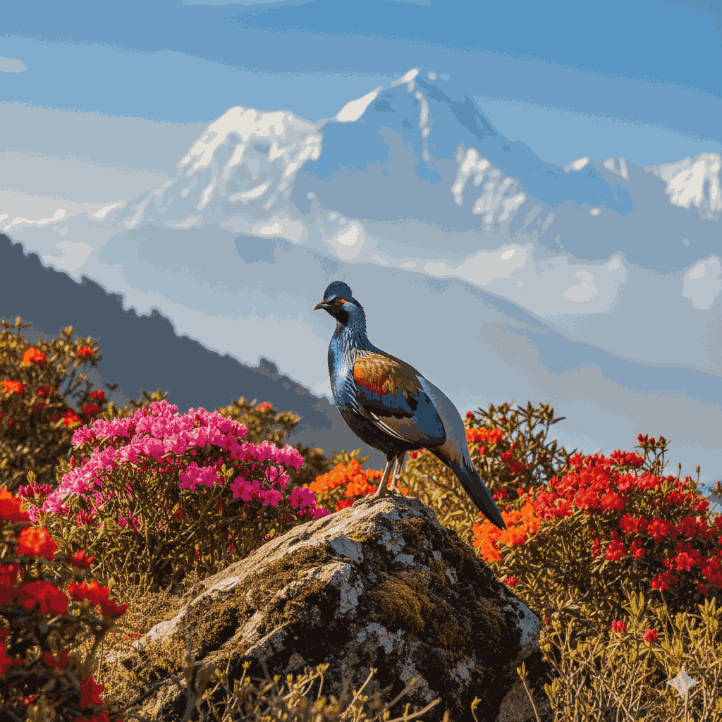 Ruby Valley Hike 2026: A Himalayan Monal with the peaks of Nepal's Ruby Valley in the background, illustrating the region’s rich biodiversity
