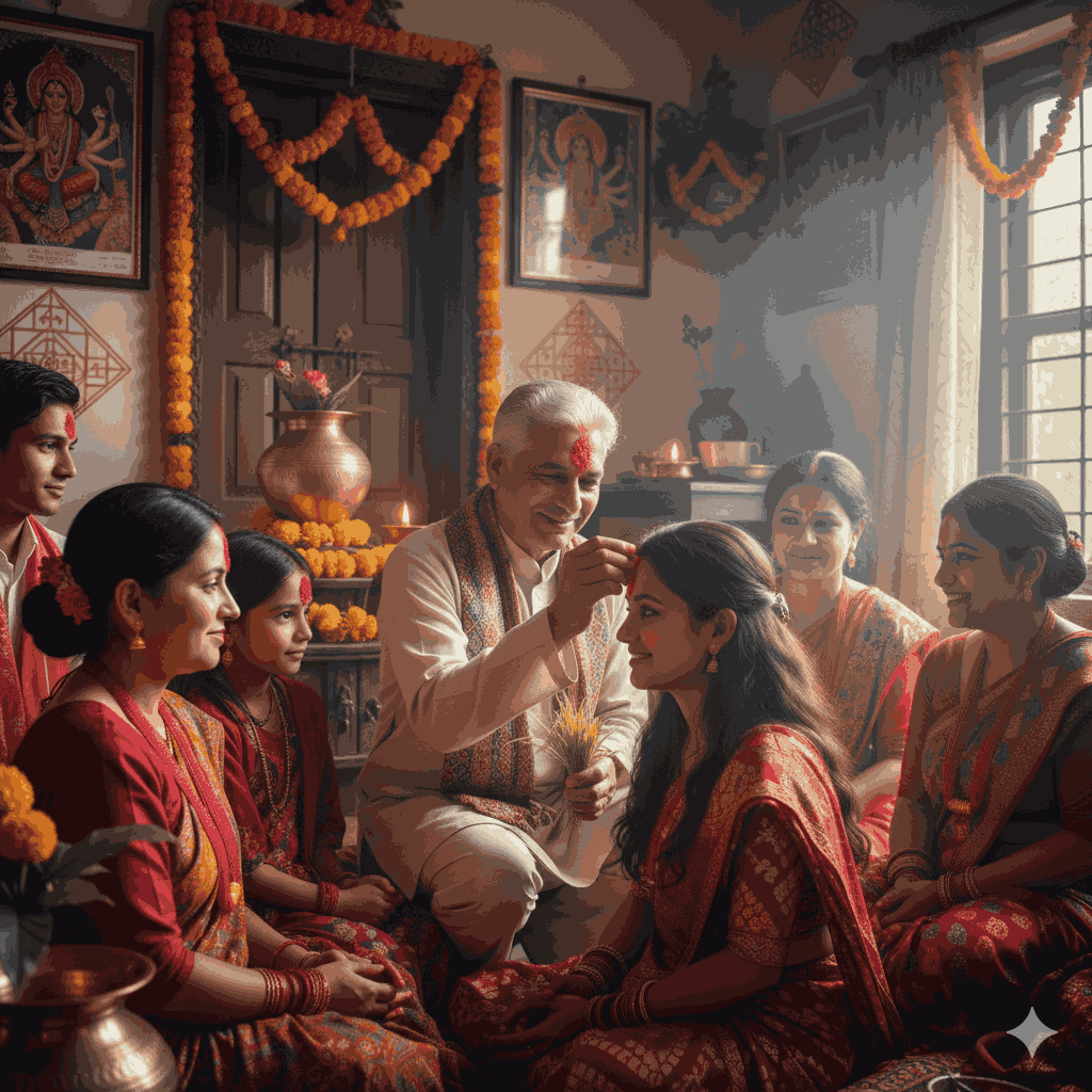 Nepali family celebrating Dashain with tika and jamara, illustrating the deep cultural significance of festivals Nepal