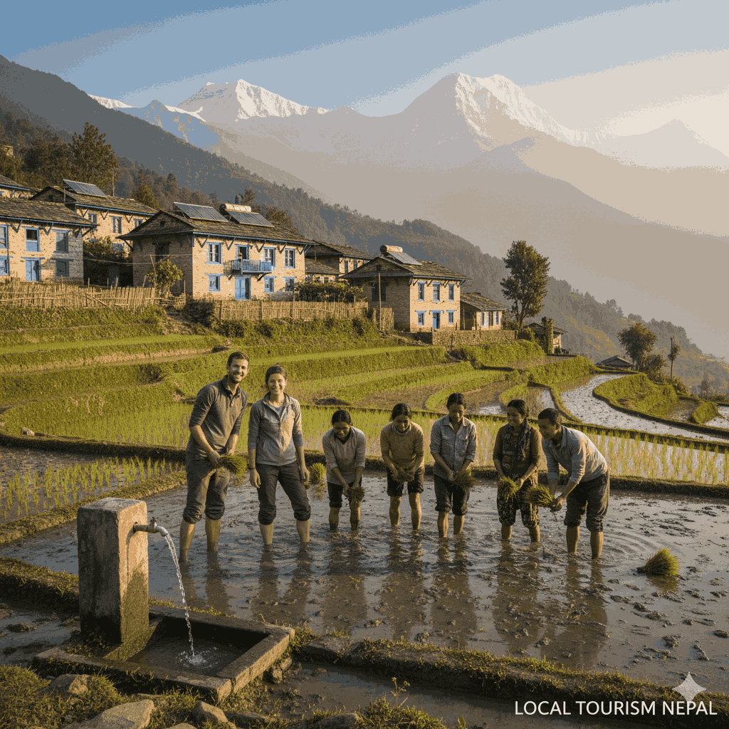 Travelers participating in rice planting in a Gurung village in the Annapurna foothills, illustrating sustainable community-based local tourism Nepal.