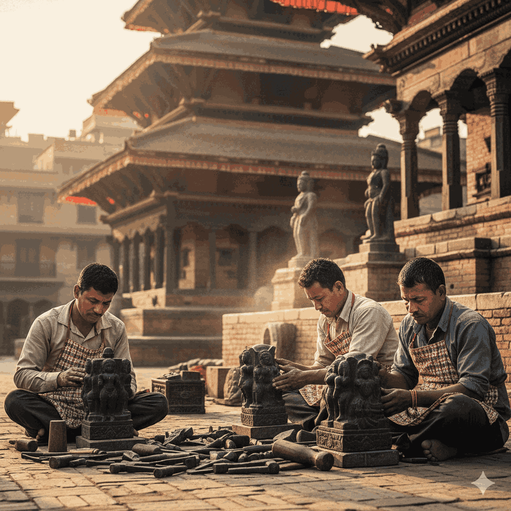 Stone carving culture Nepal showcased through Newari artisans carving stone sculptures in Patan Durbar Square