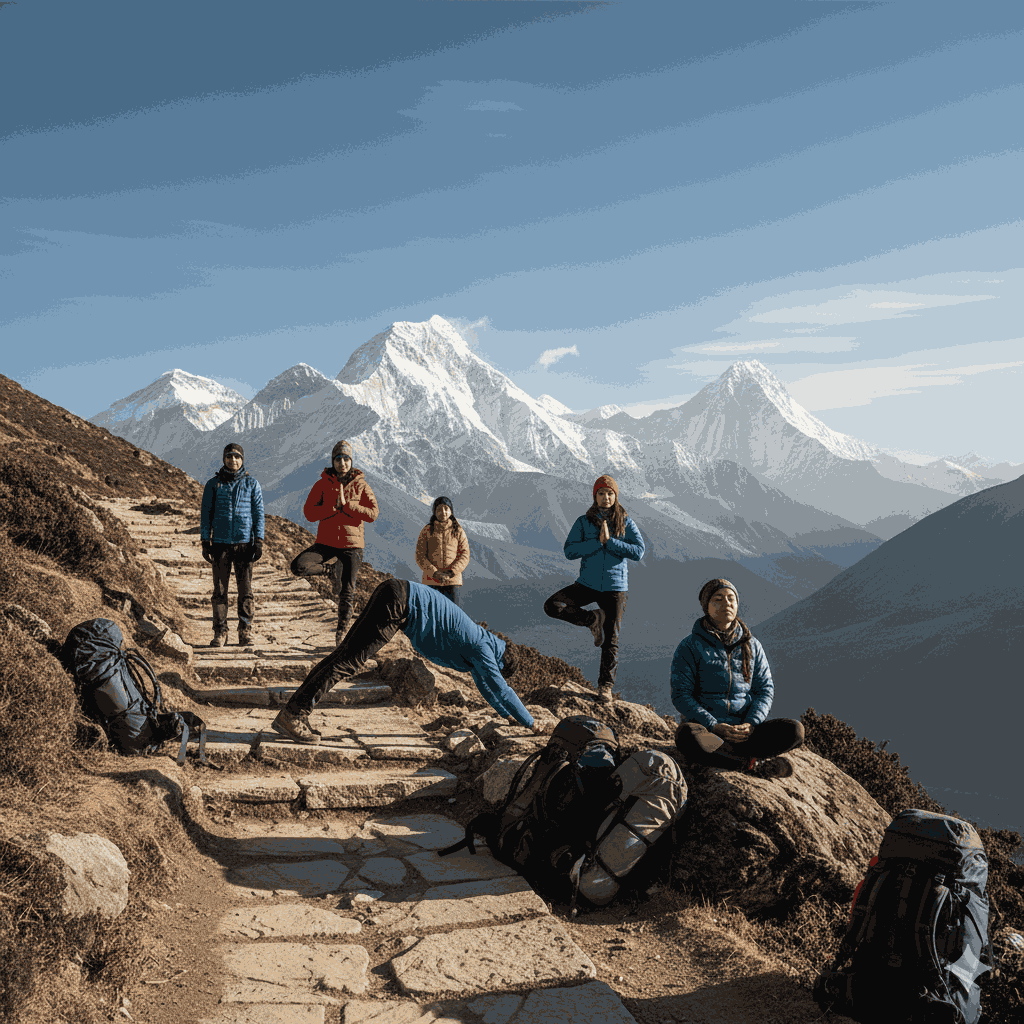 Everest yoga trek in Nepal showing trekkers practicing yoga on the trail with Himalayan peaks