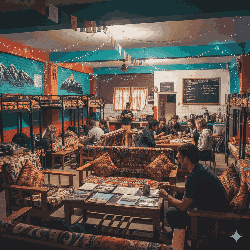 Budget hostel in Kathmandu with backpackers, showcasing affordable stays on a Nepal backpacker itinerary. 