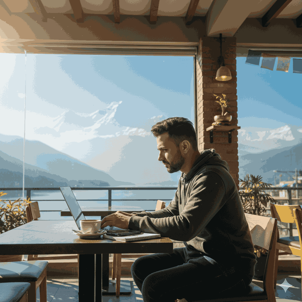 A digital nomad Nepal working remotely with Himalayan mountains in the background, showcasing the perfect balance of work and serenity