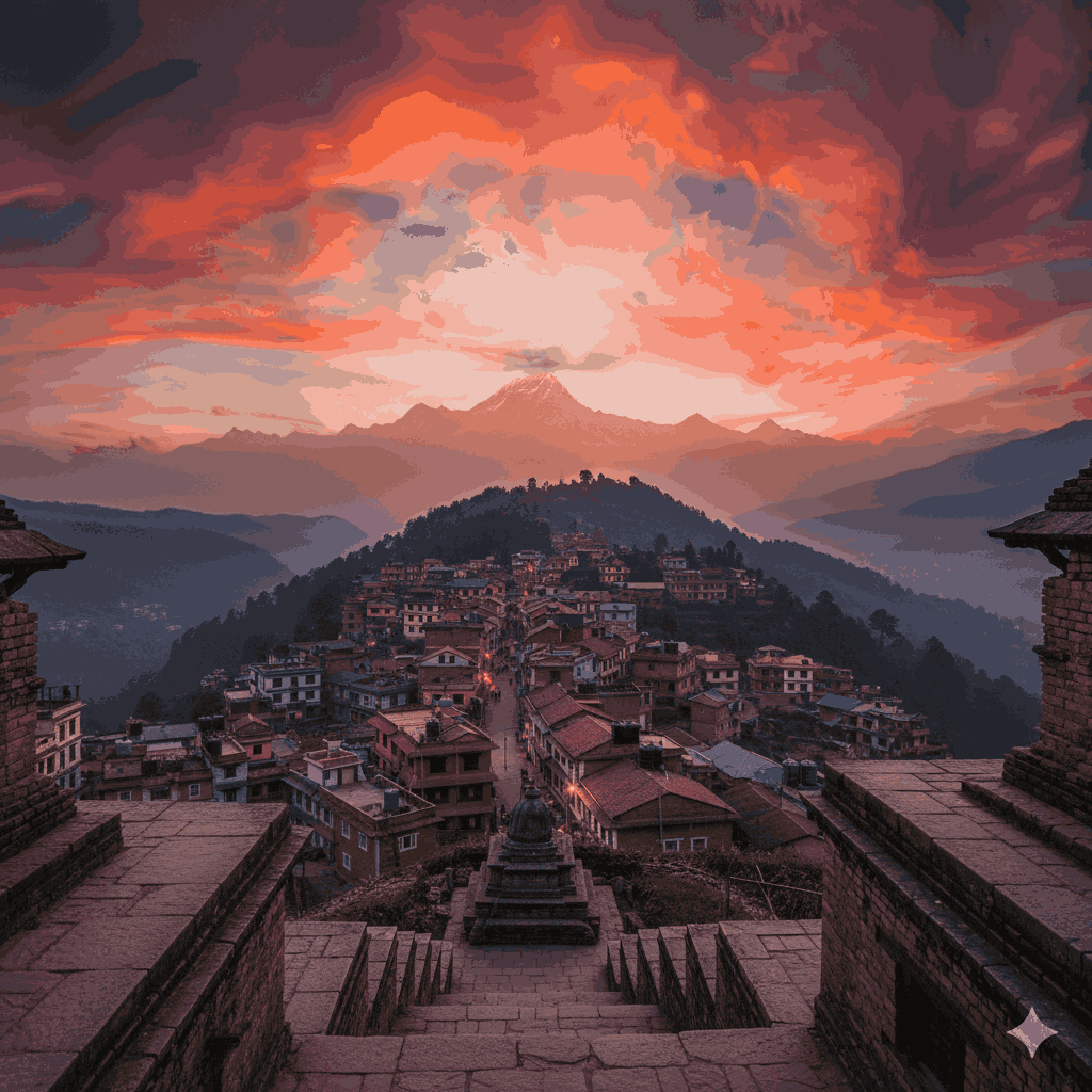 Sunset view from Thani Mai Temple overlooking Bandipur Old Town and Himalayan mountains, capturing the spiritual serenity of Nepal’s hilltop town