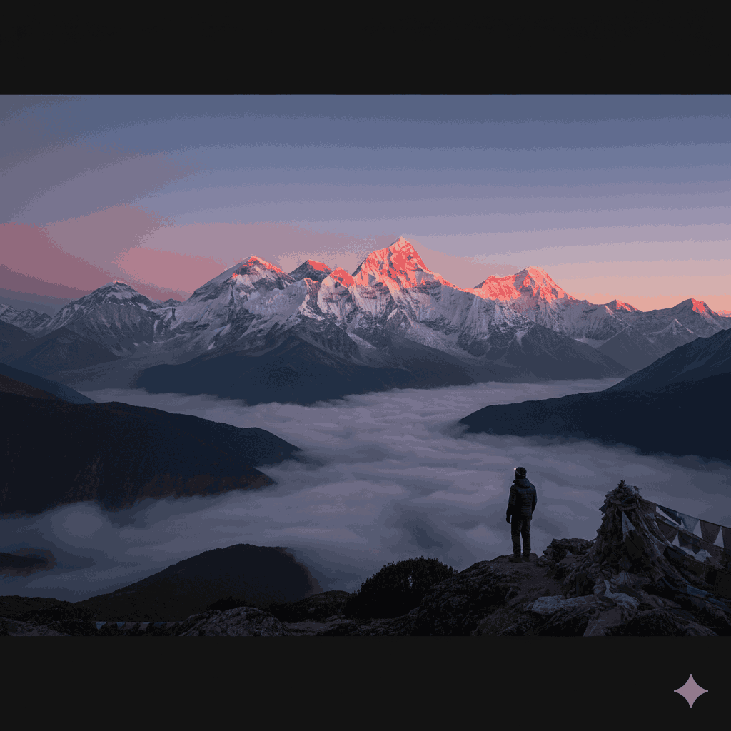 Breathtaking sunrise viewpoint in Nepal with Himalayan peaks glowing in alpenglow, capturing the majestic beauty of the Himalayas at dawn.