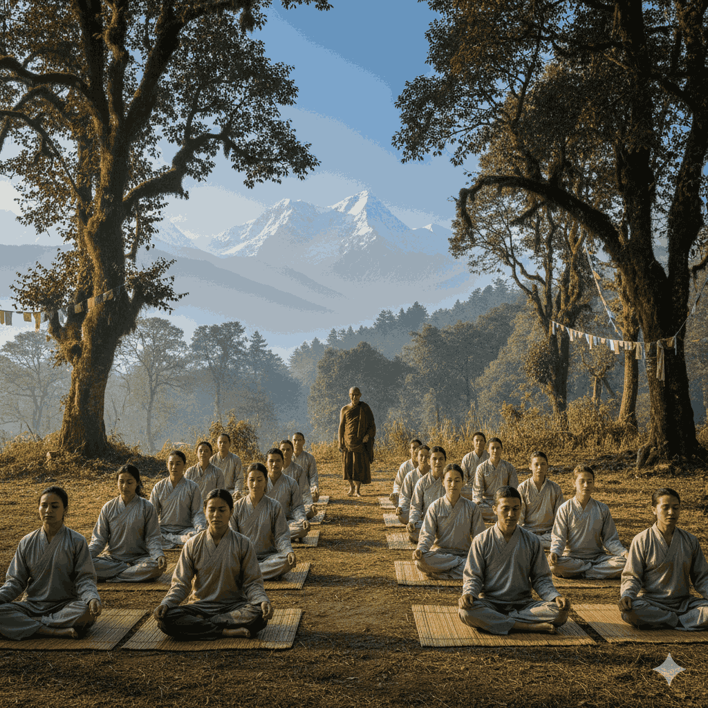 Serene meditation session at Vipassana meditation centers Nepal overlooking Himalayan mountains