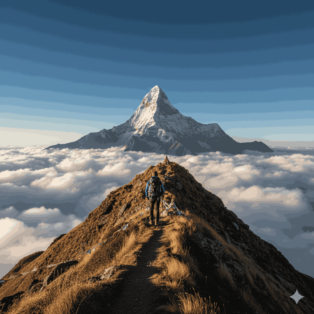 Short trek in Nepal with Himalayan mountain views, prayer flags, and scenic ridge trail